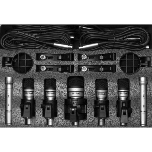 Drum microphone kit with mics, cables, shock mounts, mic clamps