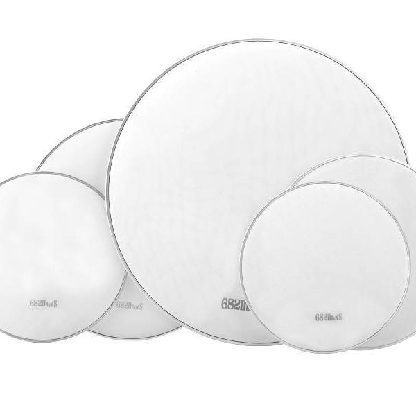 Set of 5 white mesh heads in different sizes with black 682Drums logo