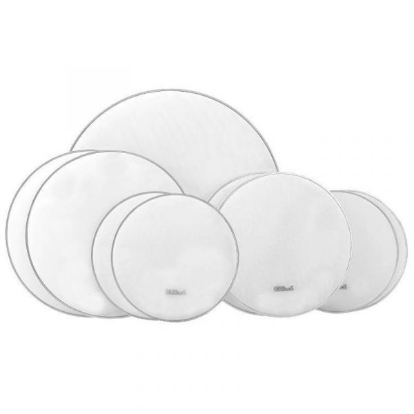 Set of 9 white mesh heads in different sizes with black 682Drums logo