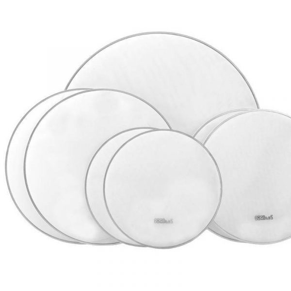 Set of 7 white mesh heads in different sizes with black 682Drums logo